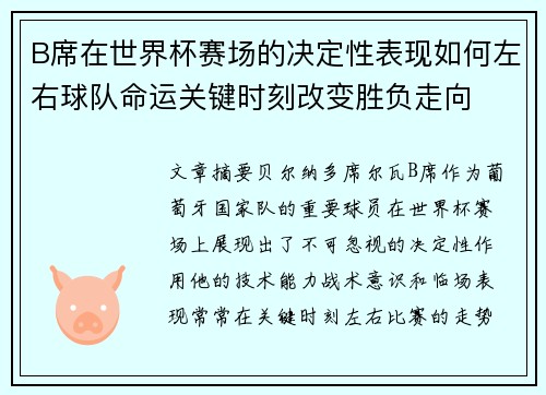 B席在世界杯赛场的决定性表现如何左右球队命运关键时刻改变胜负走向 B席在世界杯赛场的决定性表现如何左右球队命运关键时刻改变胜负走向